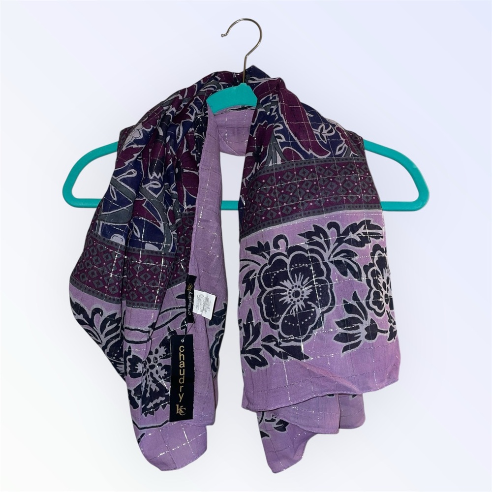 Chaudry Purple Patterned Floral Scarf with Silver Strands